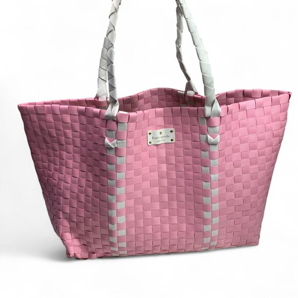 Kate Spade Lightweight Woven Nylon Tote Bag Pink & White With Double Handles - Picture 1 of 6